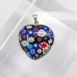 VTG Millefiori‎ 925 Heart Pendant Blue Floral Sterling Silver Art Glass Italy